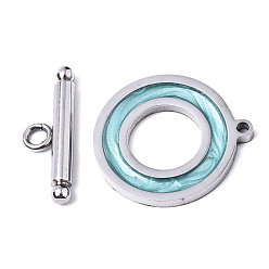Cadet Blue 201 Stainless Steel Toggle Clasps, with Enamel, Ring, Stainless Steel Color, Cadet Blue, Ring: 22x20x2mm, Hole: 1.5mm, Bar: 21x7x3mm, Hole: 2mm