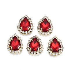 Красный Шить на горный хрусталь, прозрачное стекло горный хрусталь, с настройками латуни, граненые, слеза, красные, 19x14.5x5.5 мм, отверстие : 1 мм