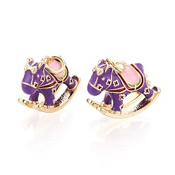 Сине-фиолетовый Латунь эмаль подвески, конек, с целью перехода в кольце, реальный 18 k позолоченный, синий фиолетовый, 14x17.5x7.5 мм, отверстие : 3 мм