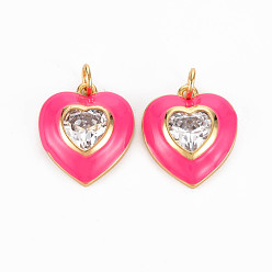 Deep Pink Brass Enamel Pendants, with Clear Cubic Zirconia and Jump Ring, Nickel Free, Real 16K Gold Plated, Heart, Deep Pink, 17.5x15.5x4.5mm, Hole: 3.5mm