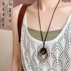 Ring Сплав и дерево диск лист кулон замшевый шнур длинные ожерелья, античная бронза, кокосового коричневый, кольцо, 27.56 дюйм (70 см)