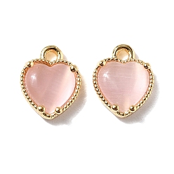 Pink Сердце латунные амулеты, с кошачий глаз, без никеля , реальный 18 k позолоченный, розовые, 9x7.5x3.5 мм, отверстие : 1 мм