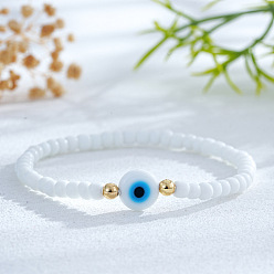Evil Eye Богемные браслеты из белого стеклянного бисера, синтетические бирюзовые эластичные браслеты для женщин, с золотыми латунными бисера, злые глаза