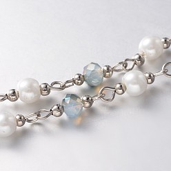 Светло-Синий Стеклянные бусины цепочки ручной работы граненые для изготовления браслетов из колье, со стеклянной жемчуг, железные прокладки и железный штифт, несварные, платина, голубой, 39.3 дюйм, около 60 шт / нитка