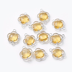Gold Glass Links connectors, with Eco-Friendly Alloy Open Back Berzel Findings, Faceted, Flower, Silver Color Plated, Gold, 15.5x12x4mm, Hole: 1.4mm
