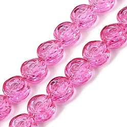 Hot pink Backfarbe transparente Glasperlenstränge, flach rund mit rosafarbener Blume, hot pink, 10x5.3 mm, Bohrung: 1 mm, ca. 65 Stk. / Strang, 25.20'' (64 cm)