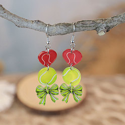 Tennis Акриловые серьги болтаться, платина, сердце с бантом, спортивная тема, большой теннис, 70x15 мм