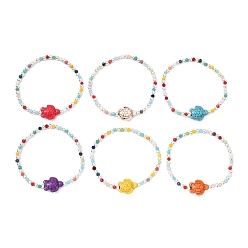 (52) Непрозрачная лаванда Эластичные браслеты из синтетической бирюзы с морской черепахой и стеклянными бусинами, разноцветные, внутренний диаметр: 2 дюйм (5.2 см)