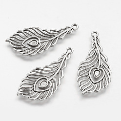 Античное Серебро Сплавочные подвески тибетского стиля, перо, античное серебро, 40x17.5x1.5 мм, отверстие : 2 мм
