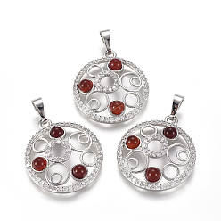Carnelian Natural Carnelian/Red Agate Pendants, with Platinum Tone Brass Findings and Crystal Rhinestone, Flat Round, Dyed & Heated, 29x25.5x4.5mm, Hole: 4.5x8mm