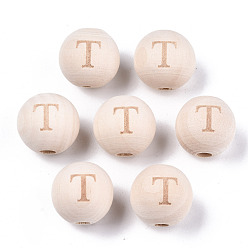 Letter T Unfinished Natural Wood European Beads, Large Hole Beads, Laser Engraved Pattern, Round with Word, Letter.T, 15~16x14~15mm, Hole: 4mm