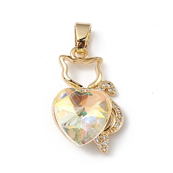 Vara de Oro Amarillo Claro Colgantes de circonita cúbica transparente micro pavé de latón chapado en oro real 18k, con vidrio, larga duración plateado, sin plomo y cadmio, encanto de gato con corazón, amarillo vara de oro claro, 24x15x8 mm, agujero: 5x3 mm