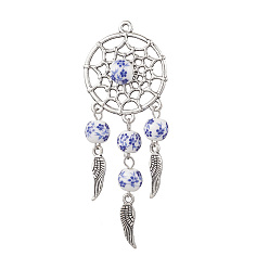 Королевский синий Тибетский сплав стиля большие кулоны, паутина с пером, с фарфоровой керамикой с цветочным принтом ручной работы, античное серебро, королевский синий, 75x28.5x9 мм, отверстие : 1.8 мм