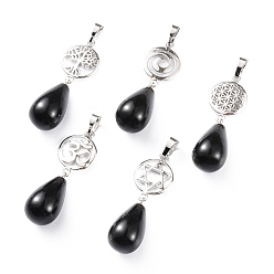 Обсидиан Чакра ювелирные изделия йога, природные подвески обсидиана, латунная фурнитура с платиновым покрытием, слеза и голос / символ ом / древо жизни / цветок жизни / звезда давида, 42~45 мм, отверстие : 8x5 мм
