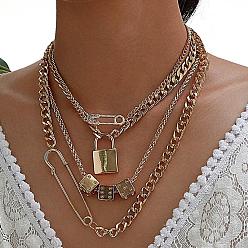 Золотой Кулон из сплава с замком, английская булавка, цепочка для игральных костей, многослойные ожерелья, золотые, 14.96 дюйм (38 см) ~ 17.72 дюйм (45 см), 4 шт / комплект