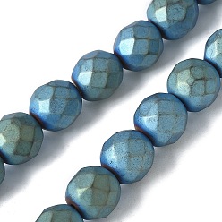 со Синим Покрытием Гальванические нити из синтетических немагнитных гематитовых бусин, круглые, граненые, с покрытием синим, 7~7.5 мм, отверстие : 1 мм, около 51 шт / нитка, 15.35'' (39 см)