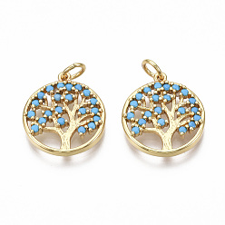 Небесно-голубой Латунные микро проложить кубического циркония подвески, с целью перехода в кольце, плоские круглые с дерева жизни, без никеля , реальный 18 k позолоченный, голубой, 18x15.5x2.5 мм, отверстие : 3 мм