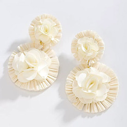 (404) Непрозрачное AB Кислое яблоко Богемные серьги-гвоздики из ткани и рафии, элегантные цветочные серьги для женщин, отражающие индивидуальность и темперамент, цветочный белый, 73x47 мм