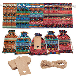 (52) Непрозрачная лаванда 24 шт 4 цвета богемный прямоугольник геометрический принт льняные сумки на шнурке, мешочки в этническом стиле с джутовым шнуром и ценниками из крафт-бумаги, разноцветные, мешок: 18x13 см, 6 шт / цвет