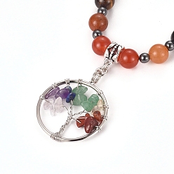 Mixed Stone Alloy Pendant Necklaces, with Gemstone Beads, Ring with Tree of Life, Chakra Necklaces, 19.7 inch(50cm)