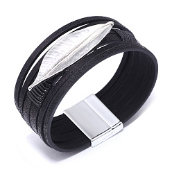 Black Genuine Cowhide Leather Cord Multi-strand Bracelets, with Alloy Findings and Wax Polyester Cords, Leaf, Silver Color Plated, Black, 18.5cm