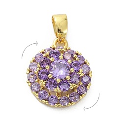 Средний Фиолетовый Латунные микро проложить кубического циркония подвески, вращающийся, плоско-круглые, золотые, средне фиолетовый, 14.5x13x7 мм, отверстие : 4x3 мм