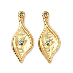 Настоящее золото 18K 304 из нержавеющей стали горный хрусталь подвески, лист прелести, ионное покрытие (ip), реальный 18 k позолоченный, 27x11x3 мм, отверстие : 1.2 мм