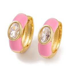 Pink Серьги из латуни с эмалью кубического циркония, без кадмия и без свинца, овальные, серьги обруча, реальный 18 k позолоченный, розовые, 14x5 мм