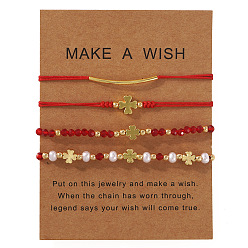 Red Faux Pearl & Brass & Glass Braided Bead Bracelet Sets, Clover Multi-Strand Adjustable Stackable Bracelets, Golden, Red, 11.02 inch(28cm), 4pcs/set