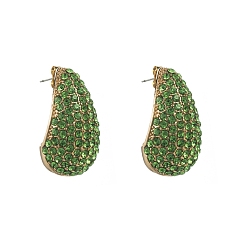 Peridot Alloy Rhinestone Stud Earring, Teardrop, Golden, Peridot, 32x18mm