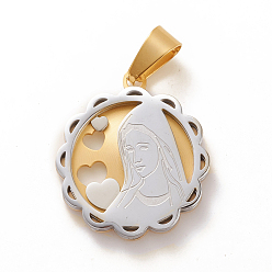Золотой & Цвет Нержавеющей Стали 304 подвески из нержавеющей стали, плоские круглые с Девой Марией, золотые и нержавеющая сталь цвет, 29x26x3 мм, отверстие : 5x8 мм