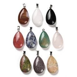 Mixed Stone Natural & Synthetic Mixed Gemstone Pendants, Teardrop Charms with Platinum Plated Iron Snap on Bails, 43~45x23~24x12~13mm, Hole: 7.5x3mm