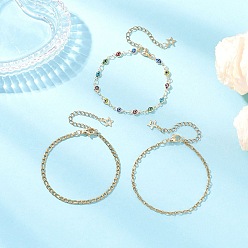 Разноцветный 304 Цепи из нержавеющей стали и браслеты-цепочки с подвесками от сглаза для женщин, красочный, 7-1/4~7-3/8 дюйм (18.4~18.7 см), 3 шт / комплект