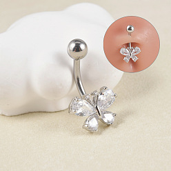 Прозрачный 304 кольца из нержавеющей стали живота, с микро проложить кубического циркония, бабочка, цвет нержавеющей стали, прозрачные, штифты : 10x1.6 мм