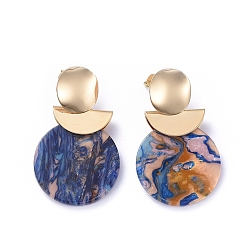 Colorful Cellulose Acetate(Resin) Dangle Stud Earrings, with Real 18K Gold Plated Brass Stud Earring Findings, Brass & Plastic Ear Nuts and Cardboard Boxes, Flat Round, Colorful, 46mm, Pin: 0.7mm