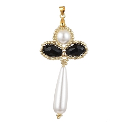 Черный Стеклянные жемчужины большие подвески, с акриловыми бусинами и бисеринами, а также фурнитурой из золотистой латуни, крестик, чёрные, 68x31x10 мм, отверстие : 4x4 мм