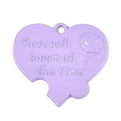 Лиловый Спрей окрашены сплава большие кулоны, сердце с розой и словом, без кадмия, без никеля и без свинца, сирень, 46x50x3 мм, отверстие : 4 мм