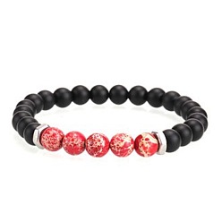 Red 8MM Dyed Natural Imperial Jasper and Frosted Black Round Beaded Stretch for Men, Silver Color Plated, Red, 7.09 inch(18cm)