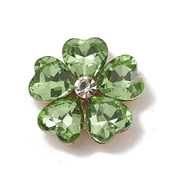 Green Alloy Cabochons, with Glass Rhinestone, Ligh Gold, Flower, Green, 19x19x5.5mm