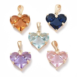 Настоящее золото 18K Латунь прелести, с микро проложить кубического циркония, граненые, разноцветные, сердце, реальный 18 k позолоченный, 14.5x13.5x5 мм, отверстие : 4x2.5 мм