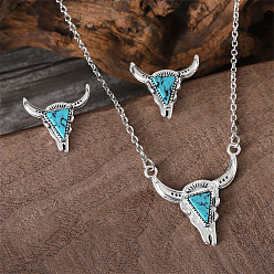 Античное Серебро Наборы из ожерелий и серег-гвоздиков в стиле вестерн-ковбой из искусственной бирюзы с подвесками в виде головы коровы для женщин, сплав ювелирных изделий, античное серебро, ожерелья: 19.29 дюйм (49 см)