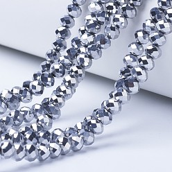 Platinum Plated Electroplate Transparent Glass Beads Strands, Full Plated, Faceted, Rondelle, Platinum Plated, 4x3mm, Hole: 0.4mm, about 123~127pcs/strand, 16.5~16.9 inch(42~43cm)