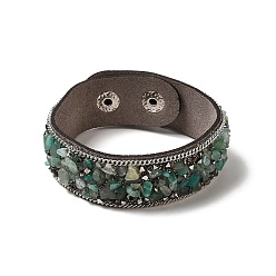 Aventurine Verte Bracelet à cordon pression en faux suède, bracelet en perles d'aventurine verte naturelle et de coquillages pour hommes femmes, 8-5/8 pouce (22 cm)