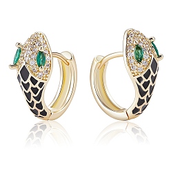 Черный Серьги-кольца со змеей из кубического циркония с эмалью, золотые серьги на петлях из латуни для женщин, без кадмия и без свинца, чёрные, 16x17.5x7 мм, штифты : 0.8 мм