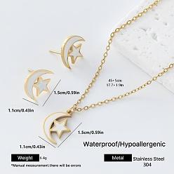 White 304 Stainless Steel Enamel Moon Star Pendant Necklace & Stud Earrings Set for Women, Golden, White, 450mm