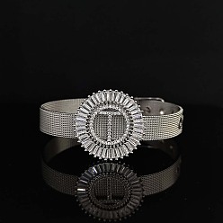 Letter T Латунные браслеты с микропаве из прозрачных кубических цирконий для женщин, плоские круглые с буквы, платина, Письмо T, 8-1/4 дюйм (21 см)