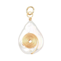Teardrop Подвески из натурального барочного жемчуга кеши, обмотанного спиральной медной проволокой., белые, золотые, слезинки, 23.5~24x13.5~14x4~5 мм, Перейти кольцо: 5x0.8 мм, внутренний диаметр: 3.5 мм