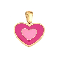 Ярко-Розовый 304 нержавеющей стальной эмали подвески, сердце прелести, реальный 18 k позолоченный, ярко-розовый, 15x18x1 мм, отверстие : 5x3.5 мм