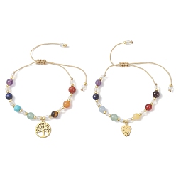 Смешанные камни 2шт. чакра 304 браслеты с подвесками из нержавеющей стали, регулируемые браслеты из круглых бусин из натуральных и синтетических смешанных драгоценных камней для женщин, внутренний диаметр: 1-1/4~3 дюйм (3.2~7.7 см)