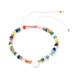 Pink Electroplate Glass Nylon Thread Braided Bead Bracelets, with Natural Shell Beads, Smile, Pink, Inner Diameter: 2 inch(5.1cm)